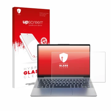 Face avant d’un emballage produit avec le logo de la marque upscreen. À côté, l’appareil Lenovo IdeaPad 5 14ALC05 est représen
