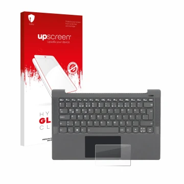 Face avant d’un emballage produit avec le logo de la marque upscreen. À côté, l’appareil Lenovo IdeaPad 5 14ALC05 Touchpad est