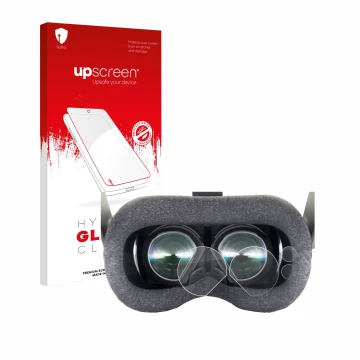 Face avant d’un emballage produit avec le logo de la marque upscreen. À côté, l’appareil Valve Index VR-Headset est représenté