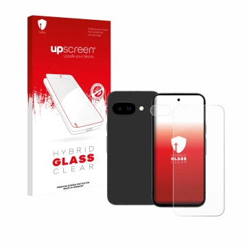 Face avant d’un emballage produit avec le logo de la marque upscreen. À côté, l’appareil Google Pixel 9a (Avant+Caméra) est re