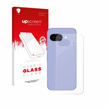 Face avant d’un emballage produit avec le logo de la marque upscreen. À côté, l’appareil Google Pixel 9a (Arrière) est représe