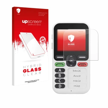 Face avant d’un emballage produit avec le logo de la marque upscreen. À côté, l’appareil Doro Leva X10 est représenté avec la 
