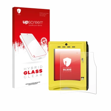 Face avant d’un emballage produit avec le logo de la marque upscreen. À côté, l’appareil Nayax VPOS TOUCH est représenté avec 