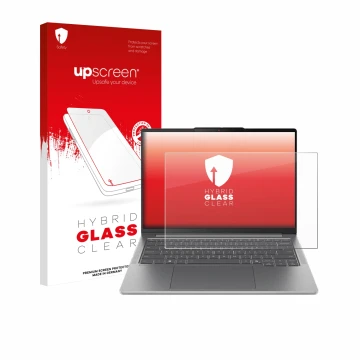 Face avant d’un emballage produit avec le logo de la marque upscreen. À côté, l’appareil Lenovo IdeaPad Pro 5 Gen 10 14