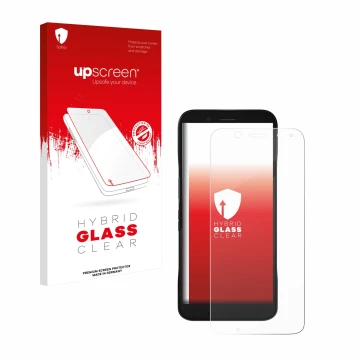 Face avant d’un emballage produit avec le logo de la marque upscreen. À côté, l’appareil Datalogic Memor 12 est représenté ave