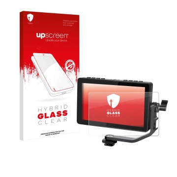 Face avant d’un emballage produit avec le logo de la marque upscreen. À côté, l’appareil Feelworld F5 PROX 5,5