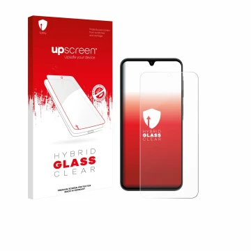 Face avant d’un emballage produit avec le logo de la marque upscreen. À côté, l’appareil Samsung Galaxy A26 5G Enterprise Edit