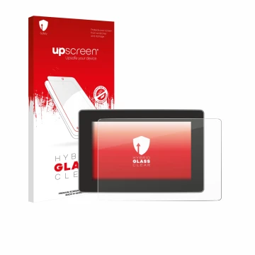 Face avant d’un emballage produit avec le logo de la marque upscreen. À côté, l’appareil Tesla Model Y Juniper 2025 est représ