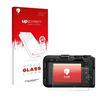 Face avant d’un emballage produit avec le logo de la marque upscreen. À côté, l’appareil Canon EOS R50 V est représenté avec l