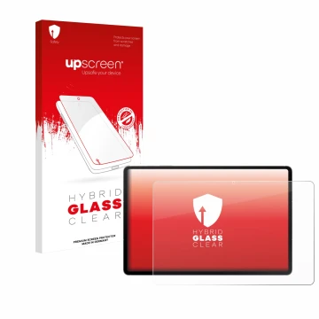 Face avant d’un emballage produit avec le logo de la marque upscreen. À côté, l’appareil Samsung Galaxy Tab S10 FE+ 5G est rep