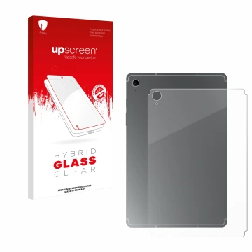 Face avant d’un emballage produit avec le logo de la marque upscreen. À côté, l’appareil Samsung Galaxy Tab S10 FE (Arrière) e