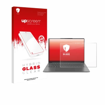 Face avant d’un emballage produit avec le logo de la marque upscreen. À côté, l’appareil Lenovo Yoga Pro 7i Gen 10 Aura Editio