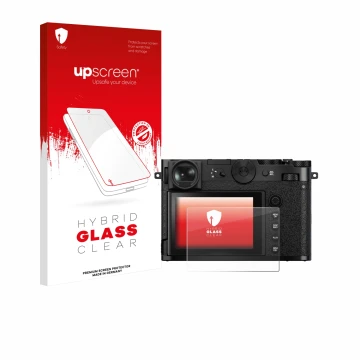 Face avant d’un emballage produit avec le logo de la marque upscreen. À côté, l’appareil Fujifilm GFX 100RF est représenté ave
