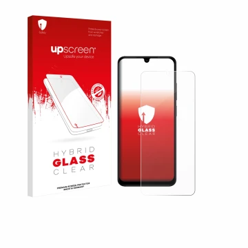 Face avant d’un emballage produit avec le logo de la marque upscreen. À côté, l’appareil Xiaomi Redmi A5 est représenté avec l