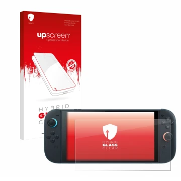 Face avant d’un emballage produit avec le logo de la marque upscreen. À côté, l’appareil Nintendo Switch 2 est représenté avec