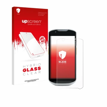 Face avant d’un emballage produit avec le logo de la marque upscreen. À côté, l’appareil Zebra TC52x-HC est représenté avec la