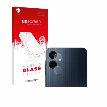 Face avant d’un emballage produit avec le logo de la marque upscreen. À côté, l’appareil Samsung Galaxy A06 5G (Caméra UNIQUEM