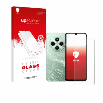 Face avant d’un emballage produit avec le logo de la marque upscreen. À côté, l’appareil Xiaomi Poco C75 (Avant+Caméra) est re