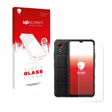 Face avant d’un emballage produit avec le logo de la marque upscreen. À côté, l’appareil Samsung Galaxy XCover 7 Enterprise Ed