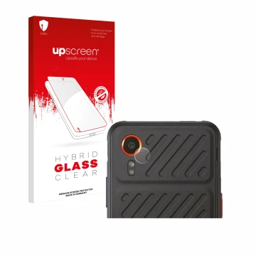 Face avant d’un emballage produit avec le logo de la marque upscreen. À côté, l’appareil Samsung Galaxy XCover 7 Enterprise Ed