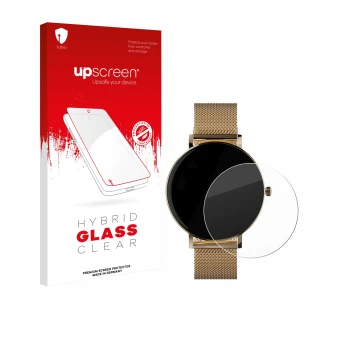 Face avant d’un emballage produit avec le logo de la marque upscreen. À côté, l’appareil ZenWatch Venice Pro est représenté av
