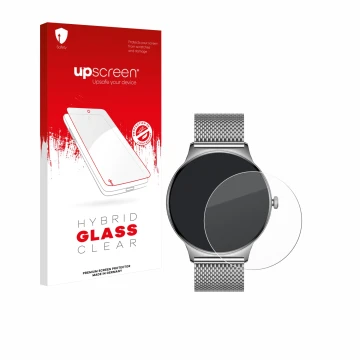Face avant d’un emballage produit avec le logo de la marque upscreen. À côté, l’appareil Pireware Slim Smartwatch est représen