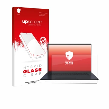 Face avant d’un emballage produit avec le logo de la marque upscreen. À côté, l’appareil ASUS Vivobook 18 M1807 est représenté