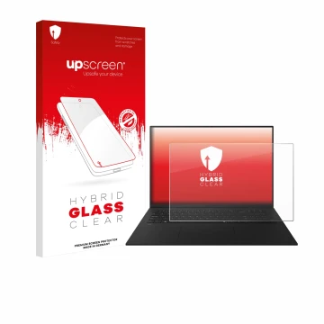 Face avant d’un emballage produit avec le logo de la marque upscreen. À côté, l’appareil LG gram 17
