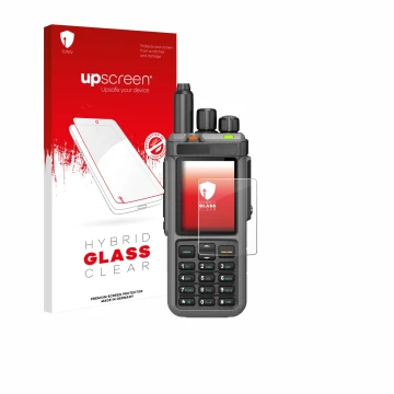 Face avant d’un emballage produit avec le logo de la marque upscreen. À côté, l’appareil Radtel RT-880 est représenté avec la 