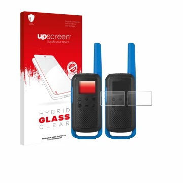 Face avant d’un emballage produit avec le logo de la marque upscreen. À côté, l’appareil Motorola TALKABOUT T62 est représenté