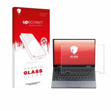 Face avant d’un emballage produit avec le logo de la marque upscreen. À côté, l’appareil Chuwi MiniBook X N150 est représenté 