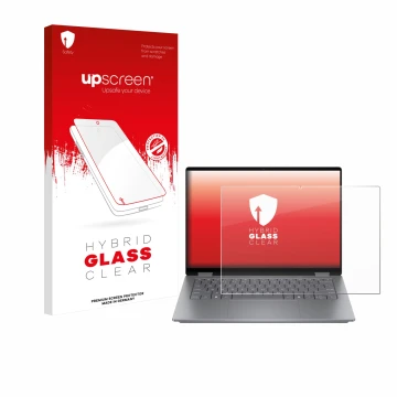 Face avant d’un emballage produit avec le logo de la marque upscreen. À côté, l’appareil HP OmniBook X Flip 14 est représenté 