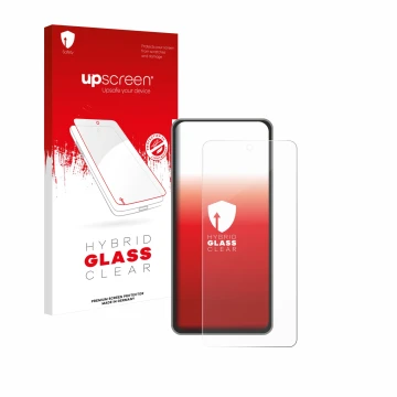 Face avant d’un emballage produit avec le logo de la marque upscreen. À côté, l’appareil realme GT 7T est représenté avec la p
