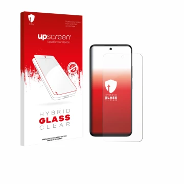 Face avant d’un emballage produit avec le logo de la marque upscreen. À côté, l’appareil TCL 60 5G est représenté avec la prot