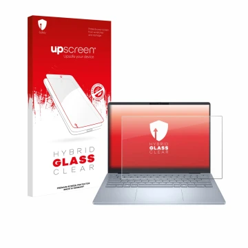 Face avant d’un emballage produit avec le logo de la marque upscreen. À côté, l’appareil Dell 14 Plus Laptop est représenté av