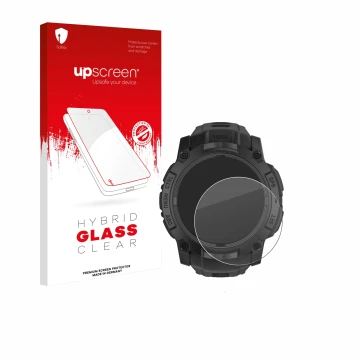 Face avant d’un emballage produit avec le logo de la marque upscreen. À côté, l’appareil Garmin Instinct 3 Tactical AMOLED Edi