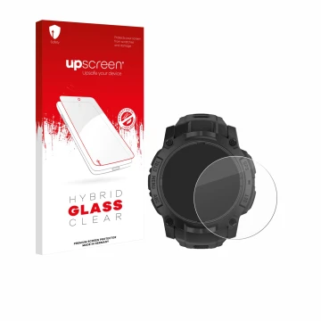 Face avant d’un emballage produit avec le logo de la marque upscreen. À côté, l’appareil Garmin Instinct 3 Solar Tactical Edit
