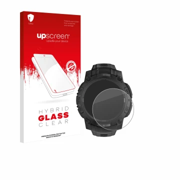 Face avant d’un emballage produit avec le logo de la marque upscreen. À côté, l’appareil Garmin Instinct 3 Solar Tactical Edit