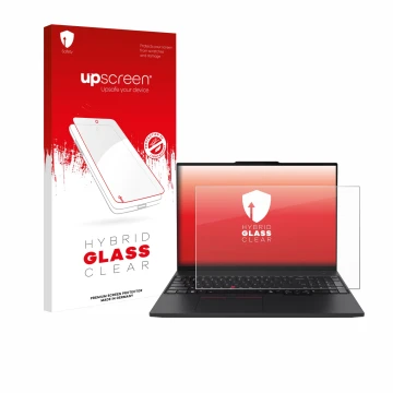 Face avant d’un emballage produit avec le logo de la marque upscreen. À côté, l’appareil Lenovo ThinkPad P16s Gen 4 est représ