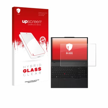 Face avant d’un emballage produit avec le logo de la marque upscreen. À côté, l’appareil Lenovo ThinkPad T16 Gen 4 est représe