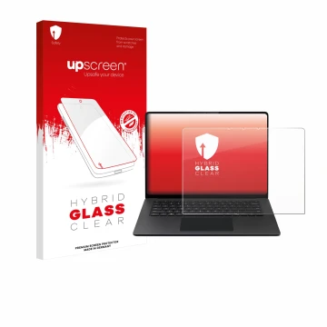 Face avant d’un emballage produit avec le logo de la marque upscreen. À côté, l’appareil Microsoft Surface Laptop 15