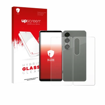 Face avant d’un emballage produit avec le logo de la marque upscreen. À côté, l’appareil Sony Xperia 1 VII (Avant+Arrière) est