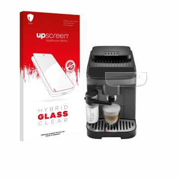 Face avant d’un emballage produit avec le logo de la marque upscreen. À côté, l’appareil DeLonghi Magnifica Evo est représenté