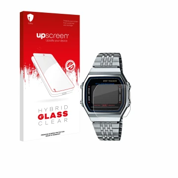 Face avant d’un emballage produit avec le logo de la marque upscreen. À côté, l’appareil Casio iconic ABL-100WE-1A est représe
