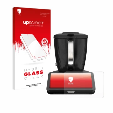 Face avant d’un emballage produit avec le logo de la marque upscreen. À côté, l’appareil Vorwerk Bimby TM7 est représenté avec