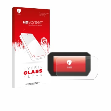 Face avant d’un emballage produit avec le logo de la marque upscreen. À côté, l’appareil Ducati V4 Rally (2024) est représenté