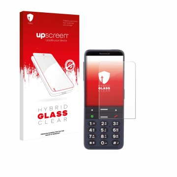 Face avant d’un emballage produit avec le logo de la marque upscreen. À côté, l’appareil BlindShell Classic 3 est représenté a