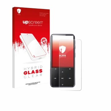 Face avant d’un emballage produit avec le logo de la marque upscreen. À côté, l’appareil AGPtek M3 est représenté avec la prot