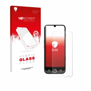 Face avant d’un emballage produit avec le logo de la marque upscreen. À côté, l’appareil Doro Aurora A30 est représenté avec l