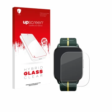Face avant d’un emballage produit avec le logo de la marque upscreen. À côté, l’appareil Motorola Moto watch fit est représent